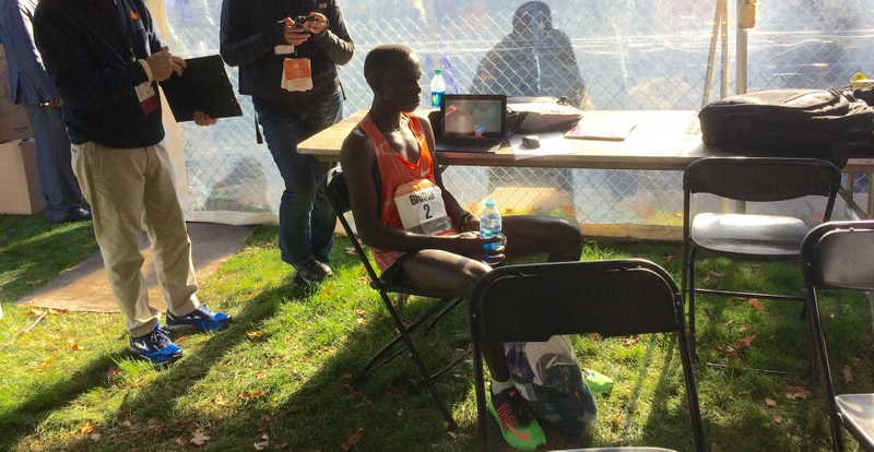 Elisha Barno seconds after finishing second at Twin Cities Marathon. Photo credit: Sarah Barker